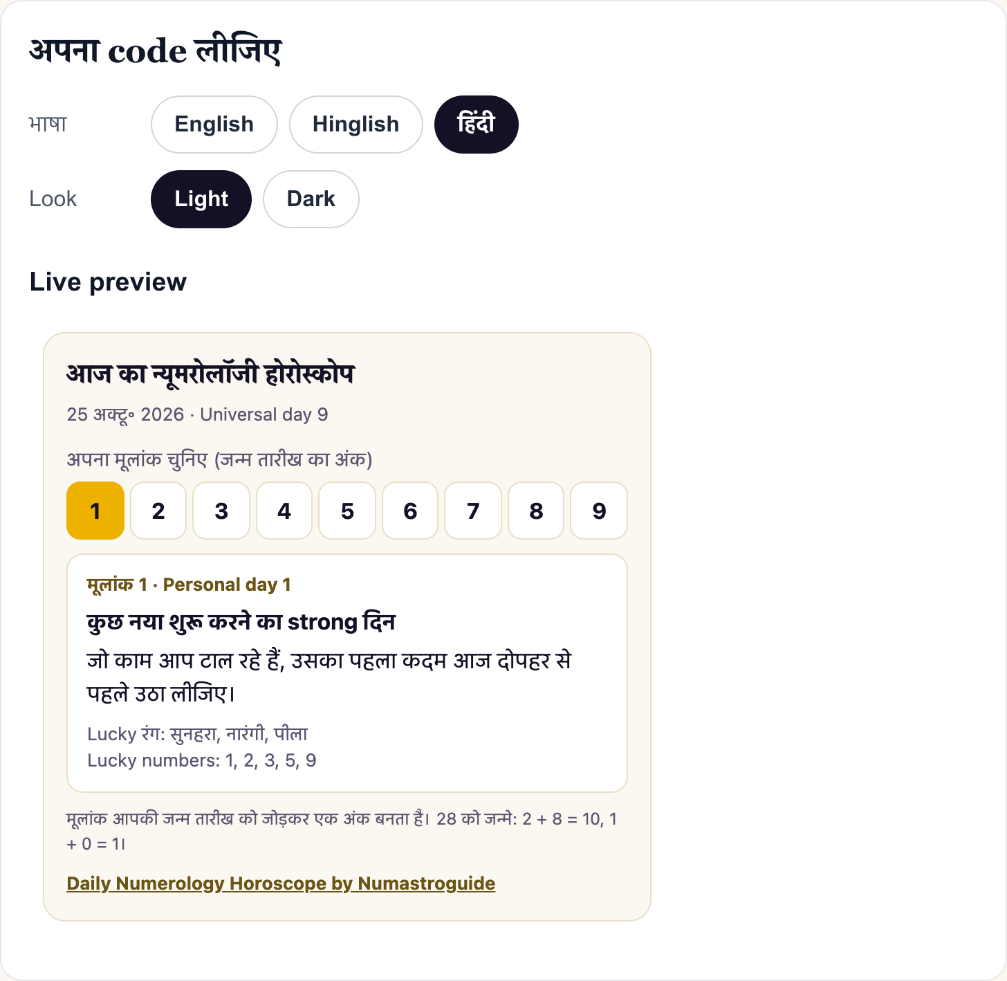 भाषा और look के buttons, साथ में widget का live preview