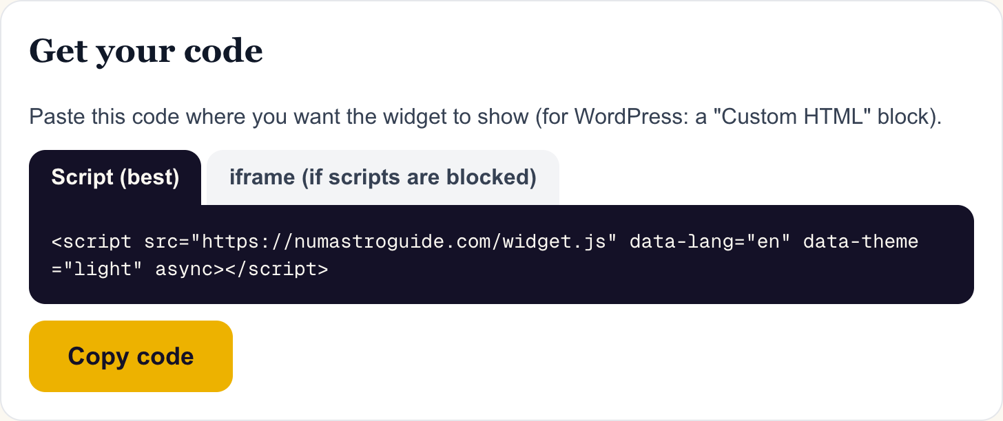 The code box with the Script and iframe tabs and the Copy code button