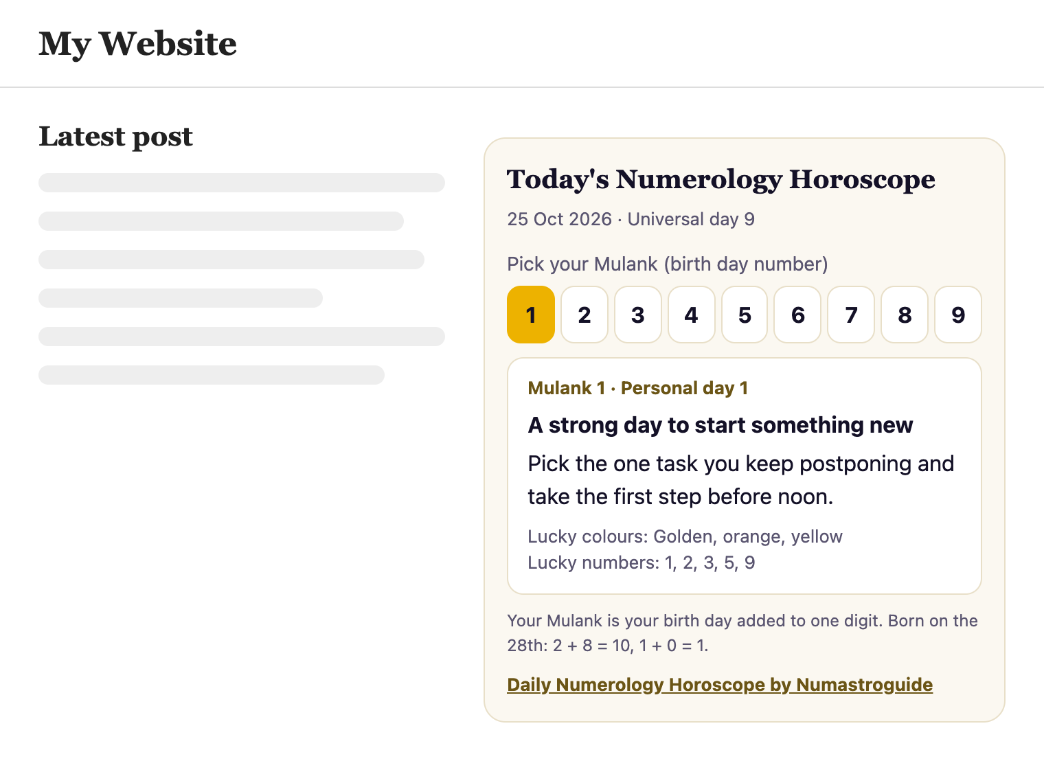 The finished widget on a website, showing today's reading for one Mulank