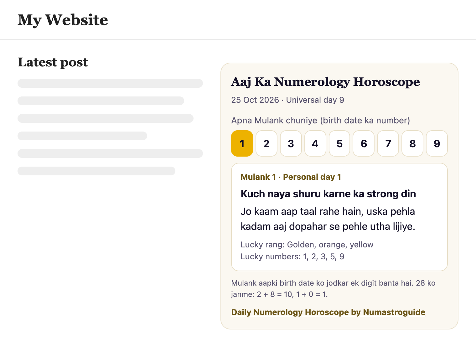 Website par laga hua widget, ek Mulank ka aaj ka reading